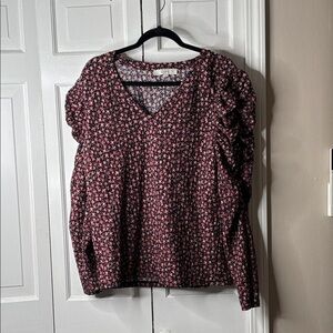LOFT Pink and Black Floral V-Neck Long Sleeve Puff Top XL